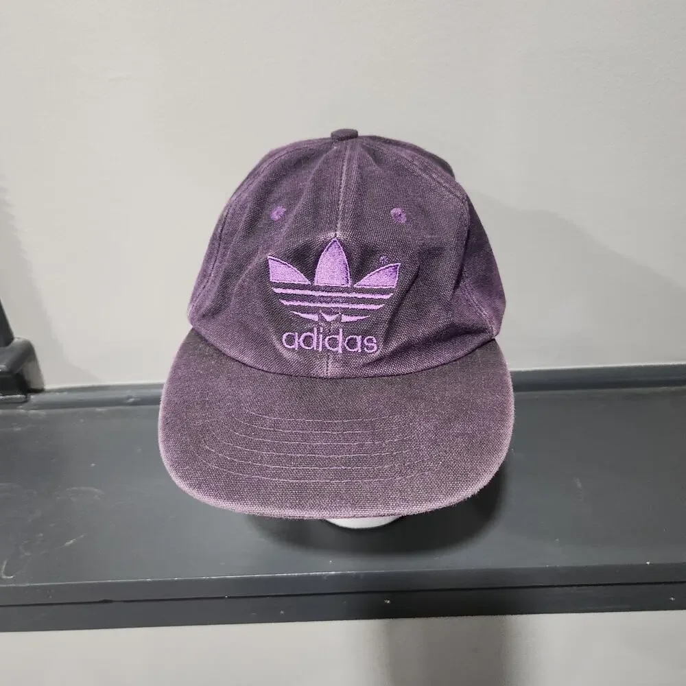VTG 80s Adidas Trefoil‎ Purple Canvas Spellout 1980s Hat Cap OSFA One Size